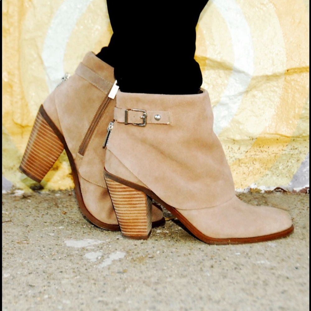 Taupe Suede Stacked Heel, Folded Buckle Ankle Boots, sz 6
